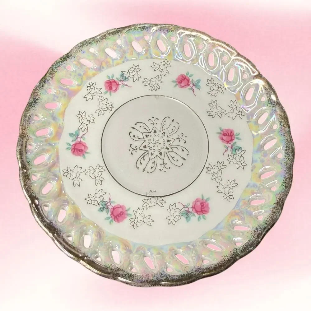 Vintage Royal Sealy China Japan Iridescent Reticulated Rose Saucer 5.75